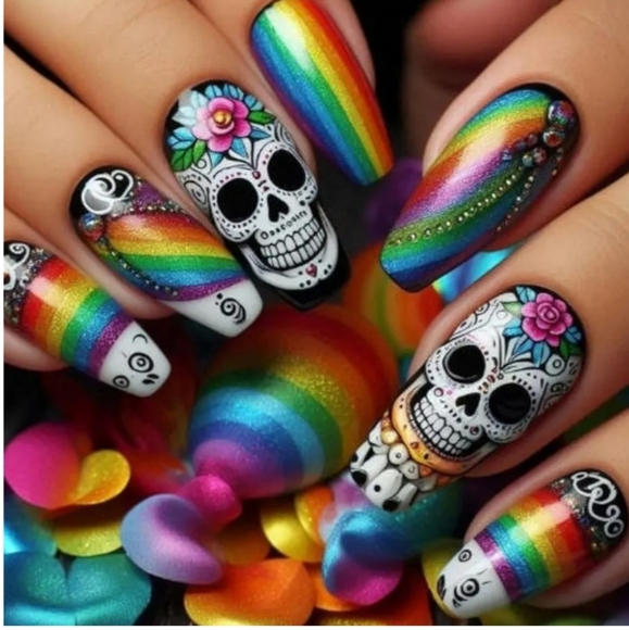 Rainbow Skull Fake Nails - Picture 1 of 5